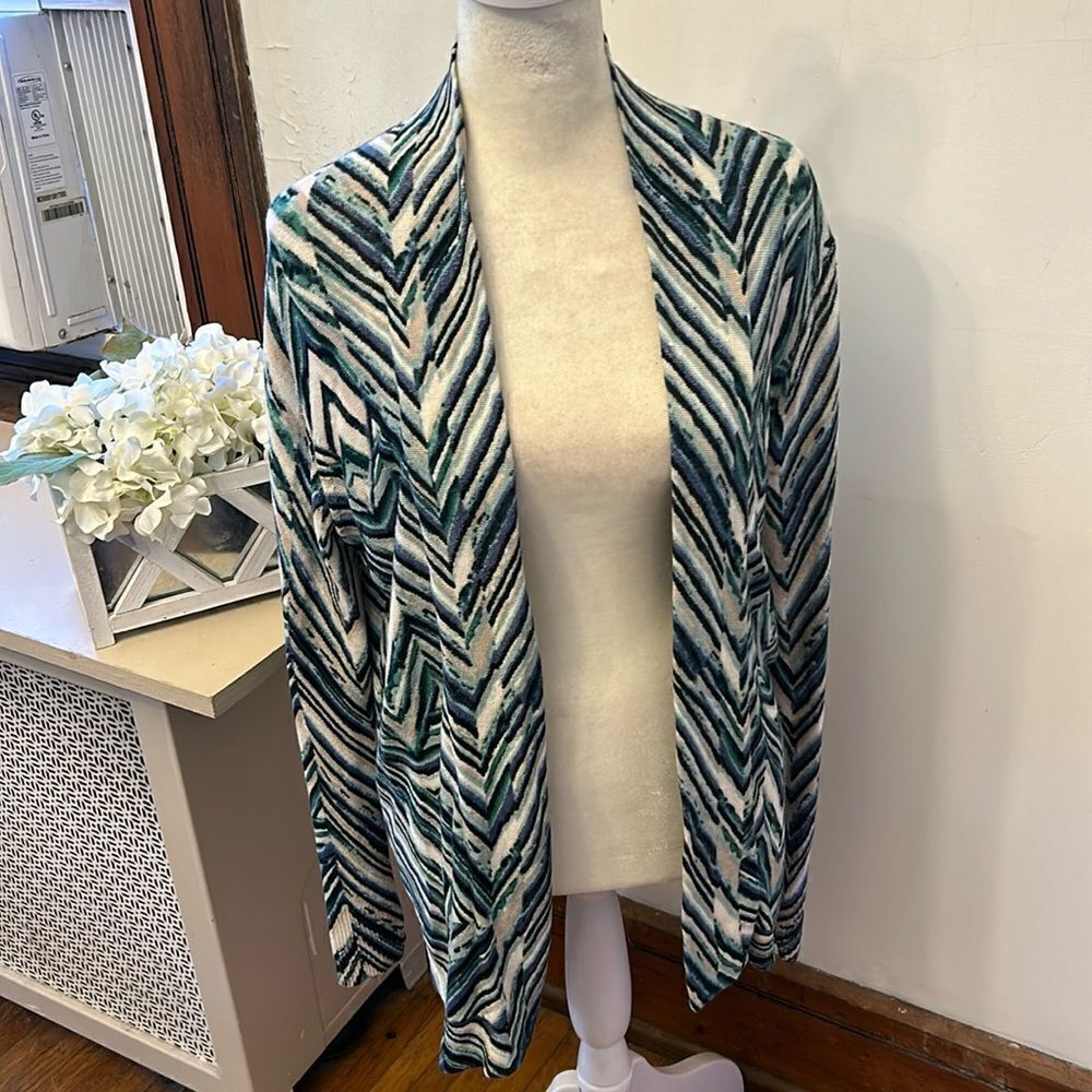 Nic + Zoe blue green patterned open cardigan Size M EUC